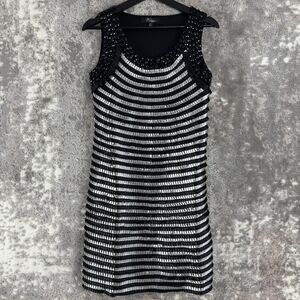 Heaven Sz 8 Beaded Sleeveless Stripes Sheath Knee Length Dress Black Silver Mesh